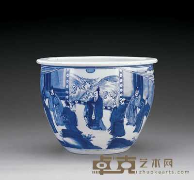 清康熙 青花人物故事纹缸 23.3×17.6cm